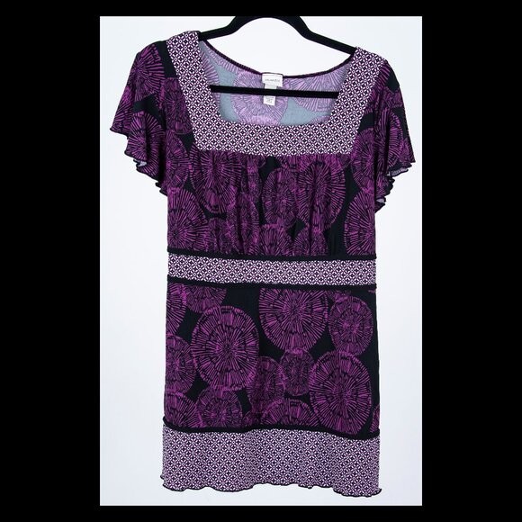 Venezia Womens Purple Black White Flutter Sleeve Tie Back Tunic Top Sz 18/20 EUC - Picture 1 of 2